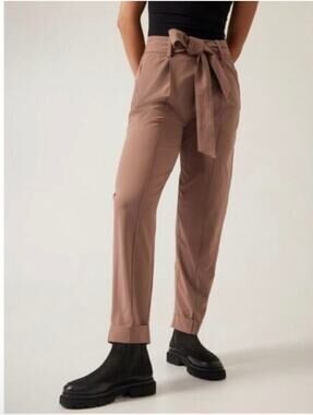 Athleta Cardiff Pants Womens 8 Tan Cuffed Featherweight Stretch Tie Commute Work